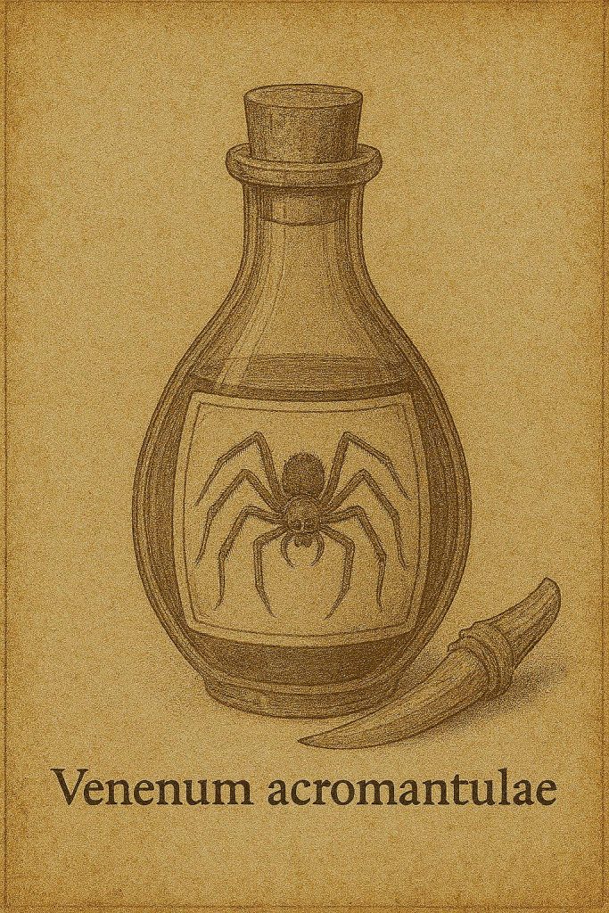 Detailný pohľad na veľkého pavúka – akromantulu, ktorej jed je cennou zložkou magických elixírov.