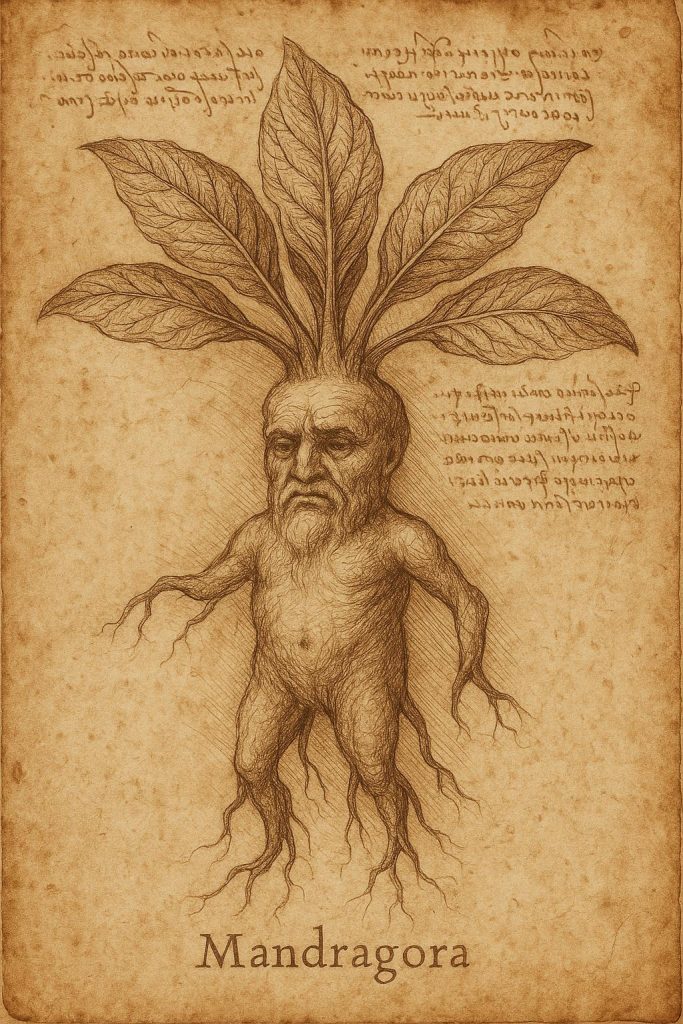 Ilustrácia mandragory so skrútenými koreňmi pripomínajúcimi ľudské telo – používaná v čarodejníckom aj muklovskom liečiteľstve.