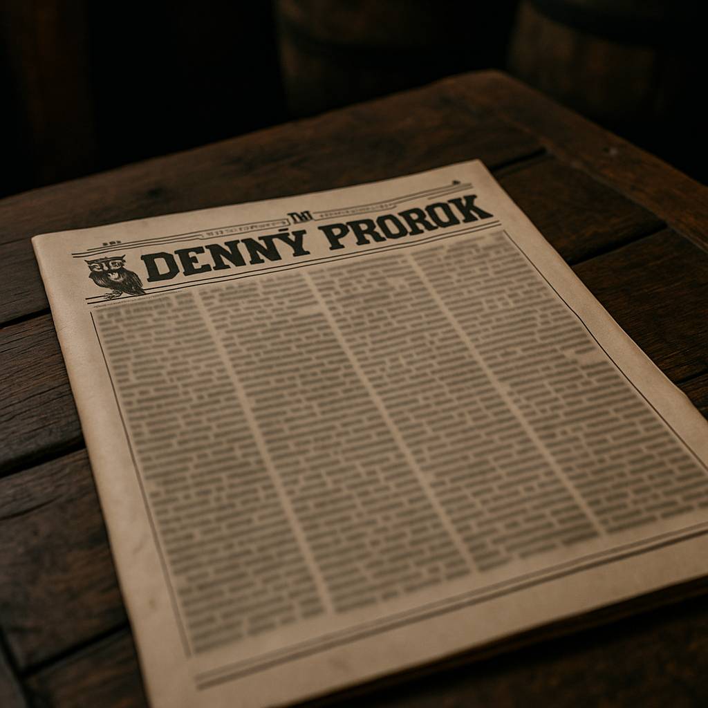 Noviny Denný prorok položené na starom, ošúchanom drevenom stole v tmavom kúte hostinca U kančej hlavy. 