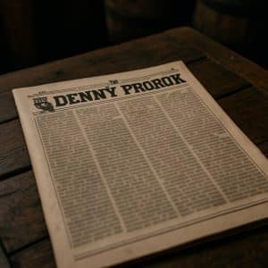 Noviny Denný prorok položené na starom, ošúchanom drevenom stole v tmavom kúte hostinca U kančej hlavy. Text na stránkach je úmyselne rozmazaný a nečitateľný, no titulná hlavička "Denný prorok" je jasne rozoznateľná.