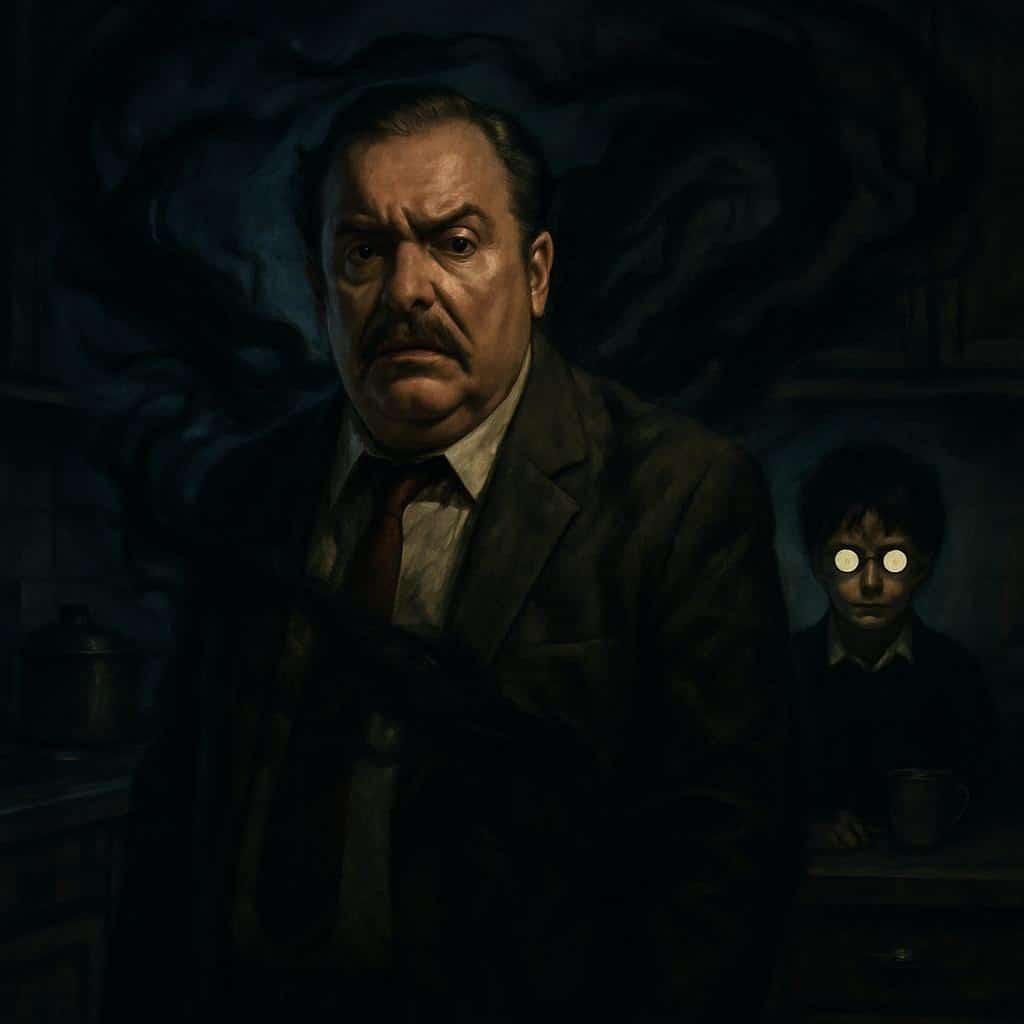 Znepokojený Vernon Dursley stojaci v tmavej kuchyni, zatiaľ čo okolo neho víri temná energia, za ním sedí malý Harry so žiariacimi očami.